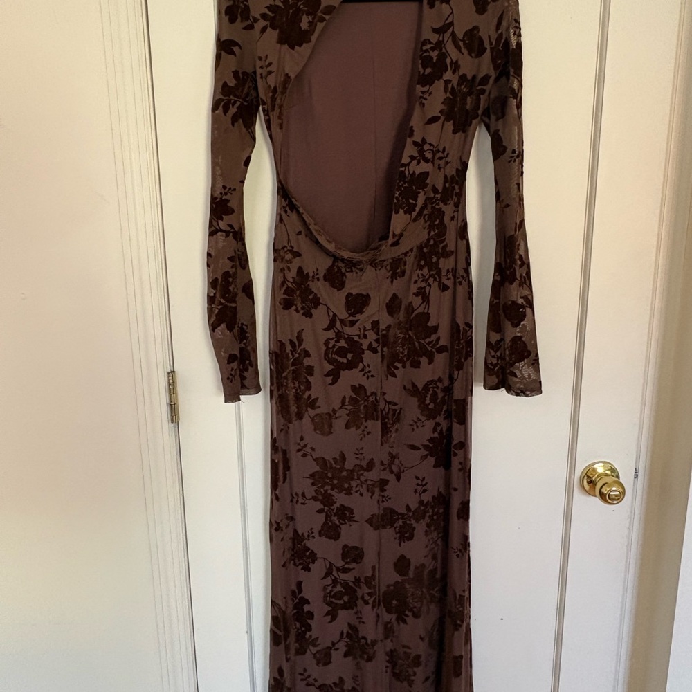 Zara Brown Floral Long Sleeve Open Back Dress - Picture 2 of 2
